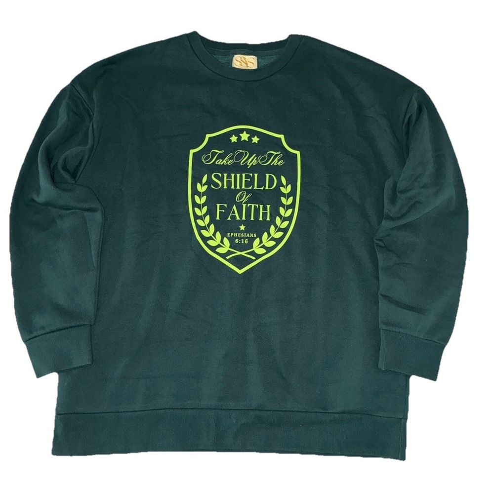 SSYS The Label Sweatshirt Women's M Green Scripture Take Up The Shield Of Faith